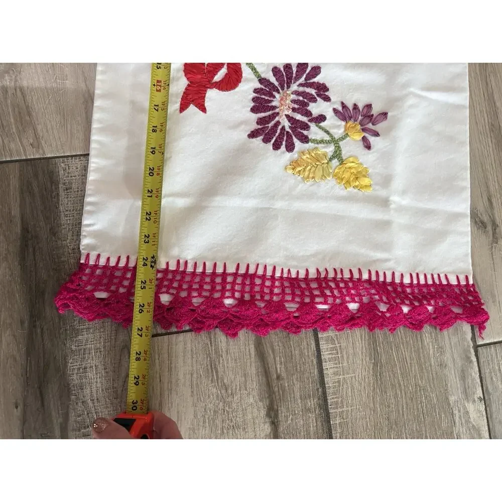 Vintage Handmade Ribbon Embroidered Pillowcase Crochet Edge Floral Standard